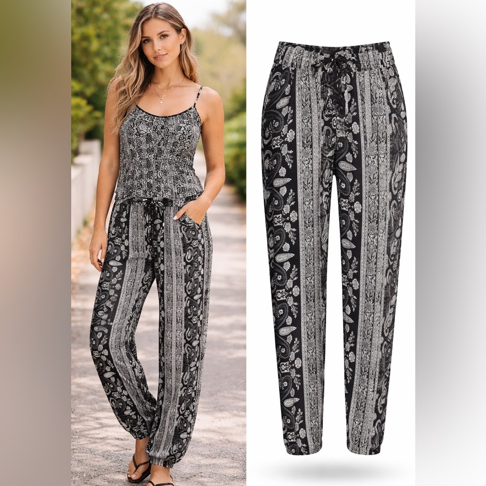 UK2LA women’s large black and white paisley joggers drawstring waist w/pockets